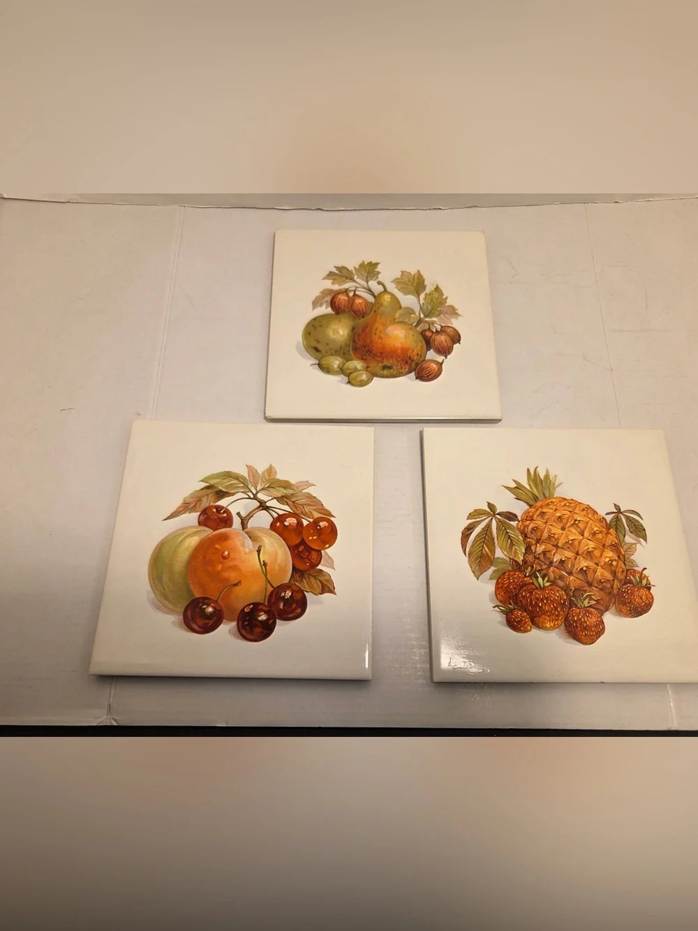 Set Of 3 Vintage Fruit Ceramic Tiles Wall Hangings Decorations 6''x6'' Kitchen